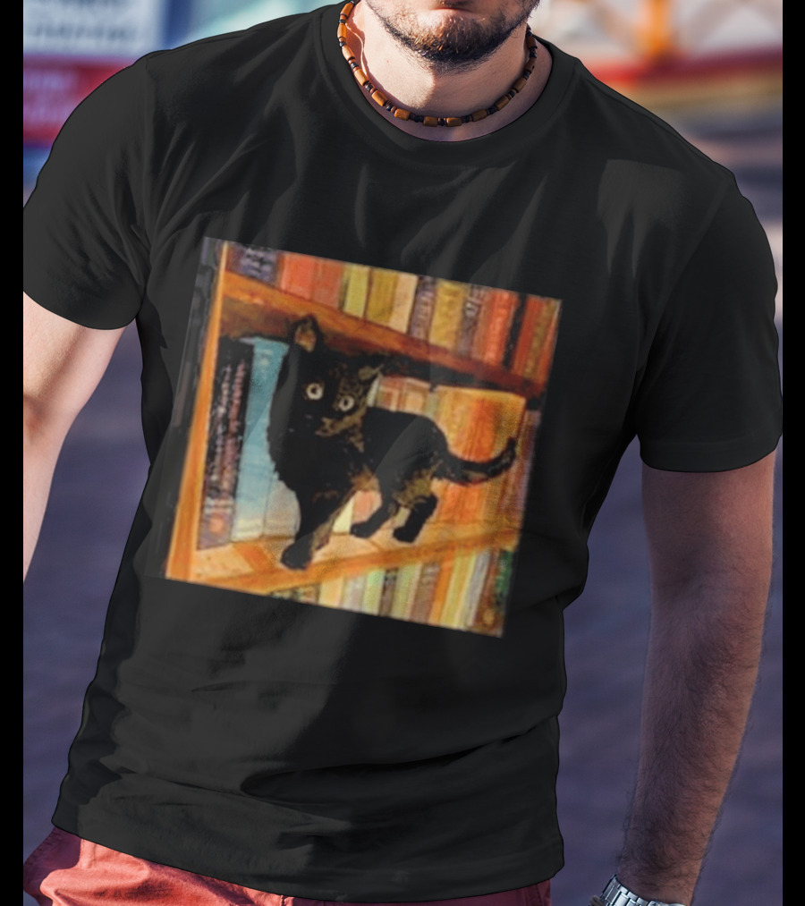 Black Cat On Bookshelf With Colorful Books T-Shirt