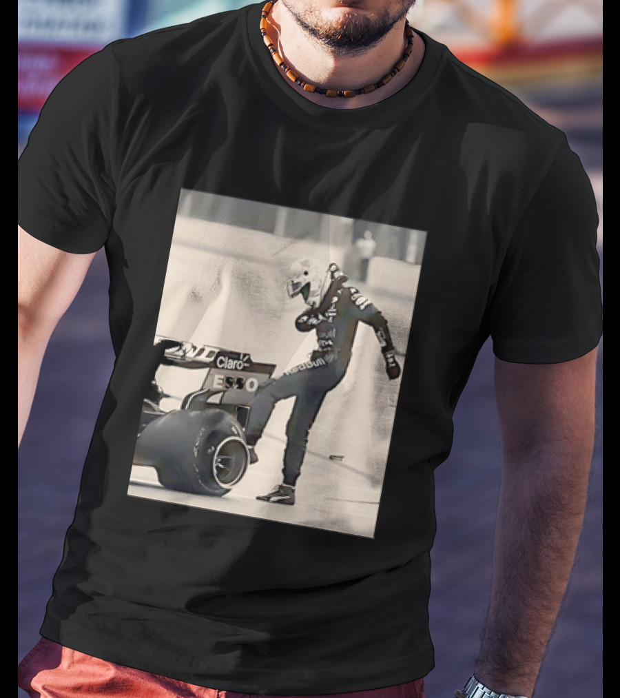 Max Verstappen Kicks Racing Tire Trackside In Racing Suit T-Shirt