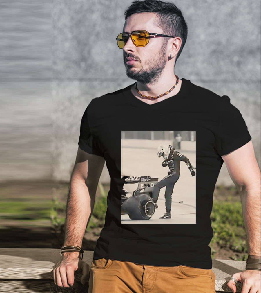 Max Verstappen Kicks Racing Tire Trackside In Racing Suit T-Shirt
