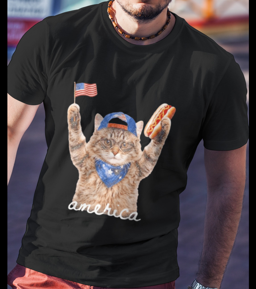 Patriotic Cat American Flag Hot Dog America Fourth Of July Celebration T-Shirt