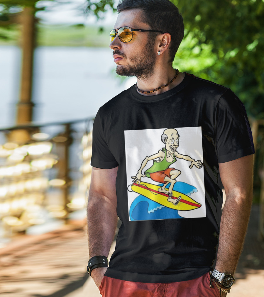 Retired Man Surfing Funny Cartoon Boomer On Yellow Board With Blue Waves T-Shirt