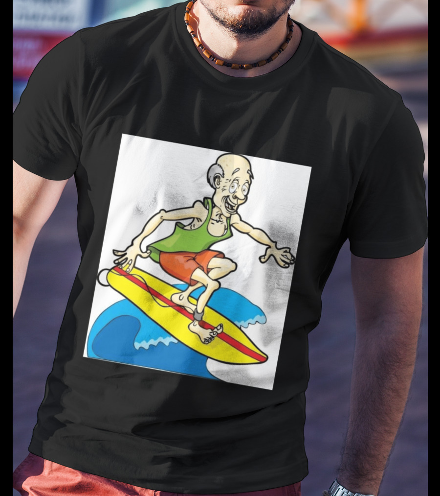 Retired Man Surfing Funny Cartoon Boomer On Yellow Board With Blue Waves T-Shirt