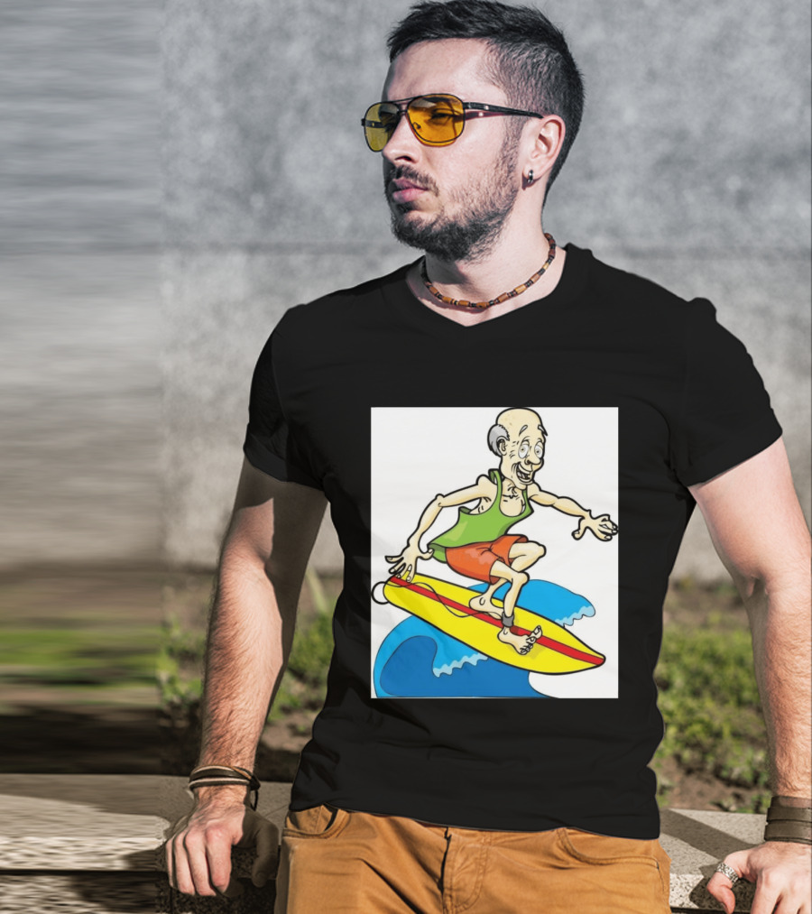 Retired Man Surfing Funny Cartoon Boomer On Yellow Board With Blue Waves T-Shirt