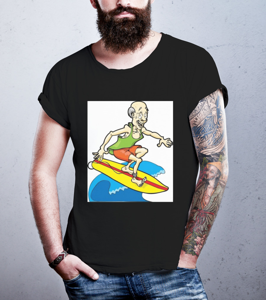 Retired Man Surfing Funny Cartoon Boomer On Yellow Board With Blue Waves T-Shirt