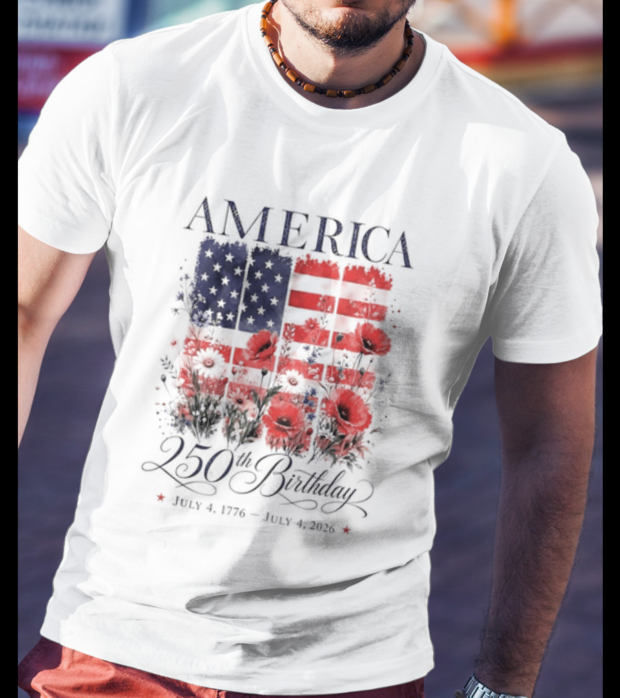 America 250th Birthday July 4 1776 2026 Floral Flag T-Shirt