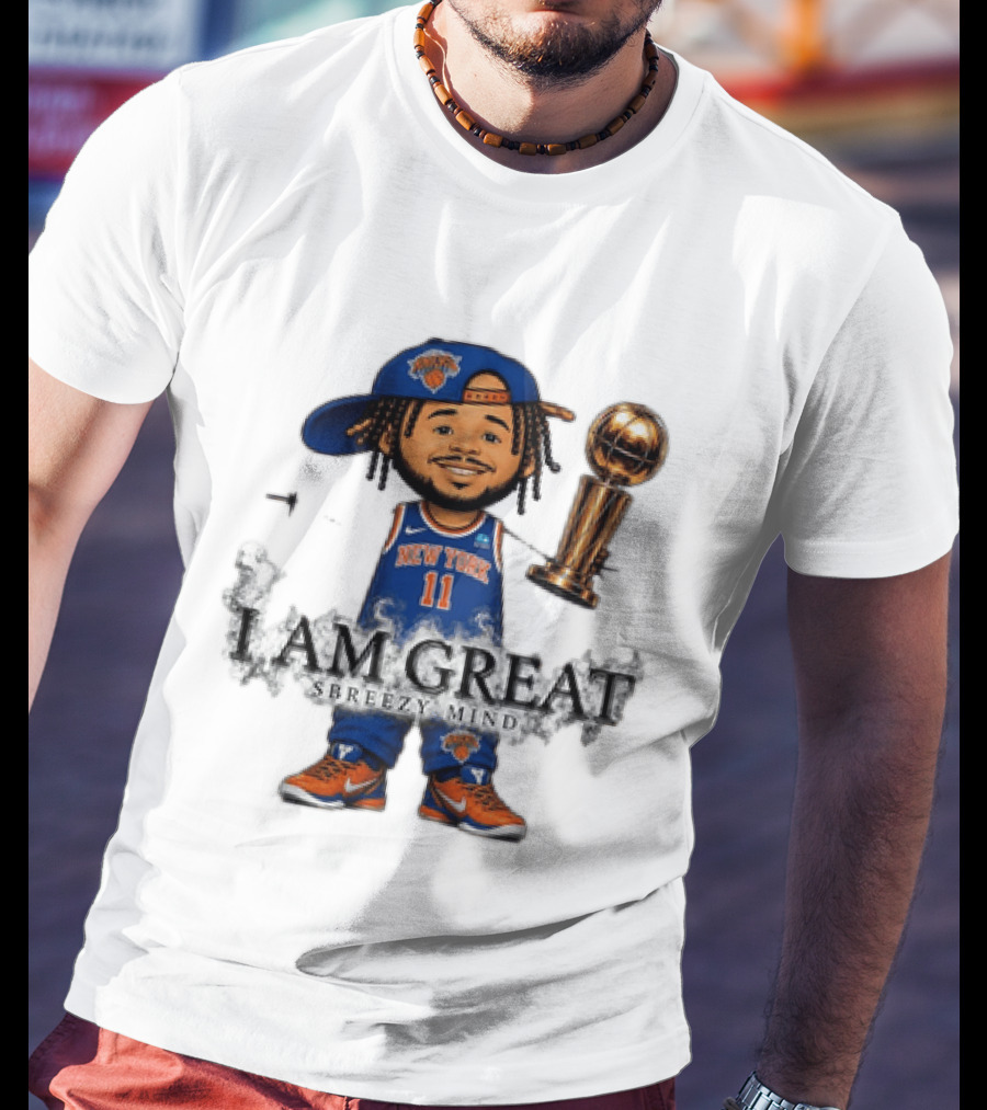 New York Knicks Jalen Brunson I Am Great Big Head Stick Hand Trophy T-Shirt