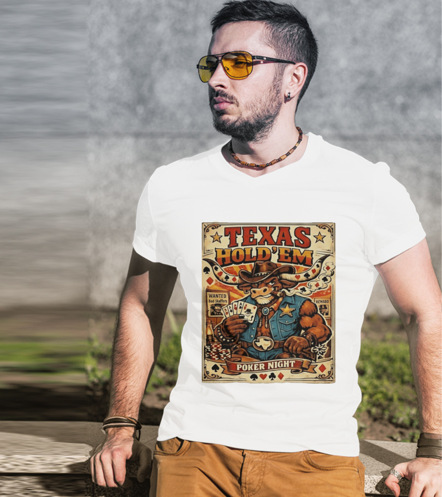 Texas Hold'em Poker Night Cowboy Bull Playing Cards Wanted Bad Skaffers T-Shirt