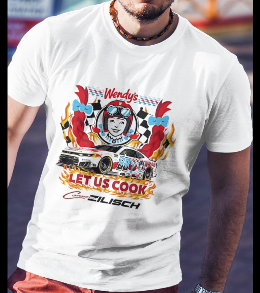 Wendy's Let Us Cook Connor Zilisch Racing Car Flames And Checkered Flag T-Shirt