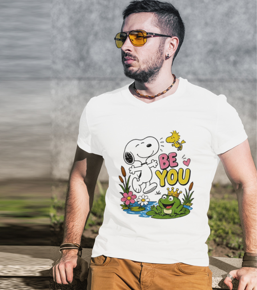 Snoopy And Woodstock Be You Frog Watercolor Flowers T-Shirt