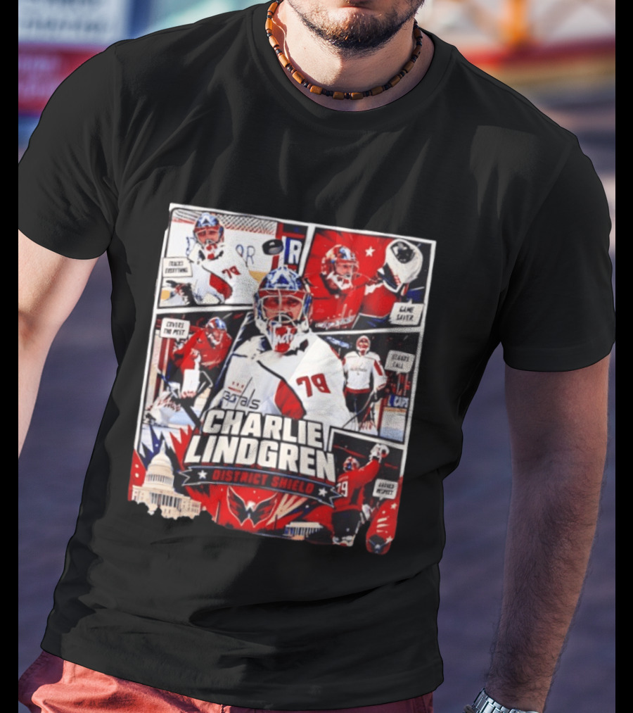 Charlie Lindgren Capitals District Shield Comic Style Hockey Action T-Shirt