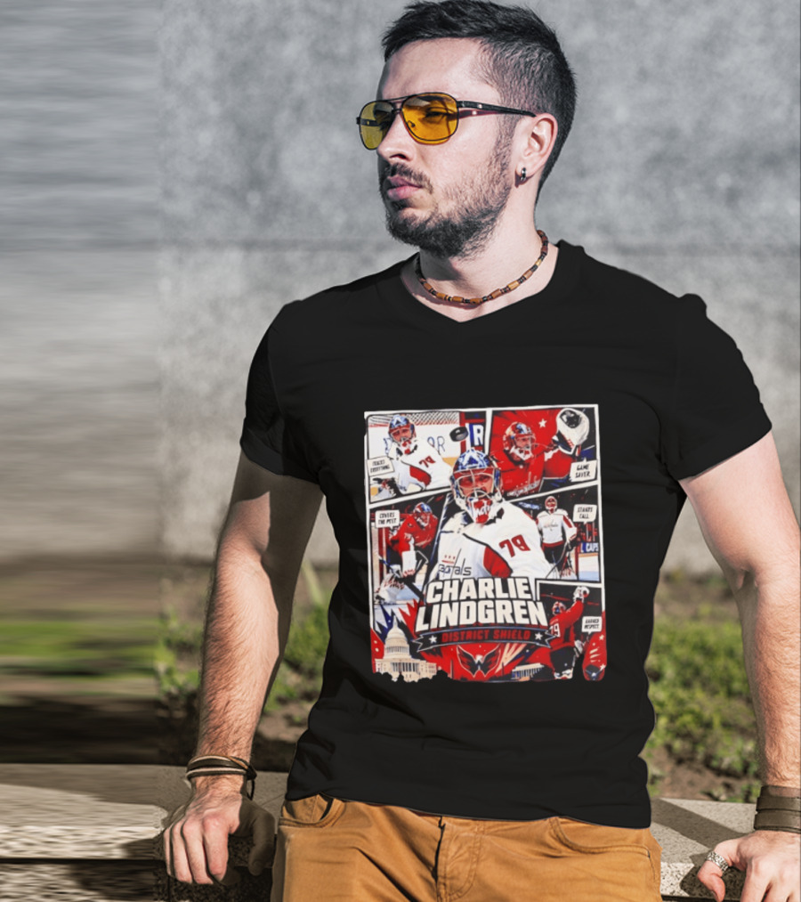 Charlie Lindgren Capitals District Shield Comic Style Hockey Action T-Shirt
