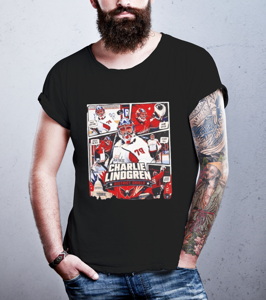 Charlie Lindgren Capitals District Shield Comic Style Hockey Action T-Shirt