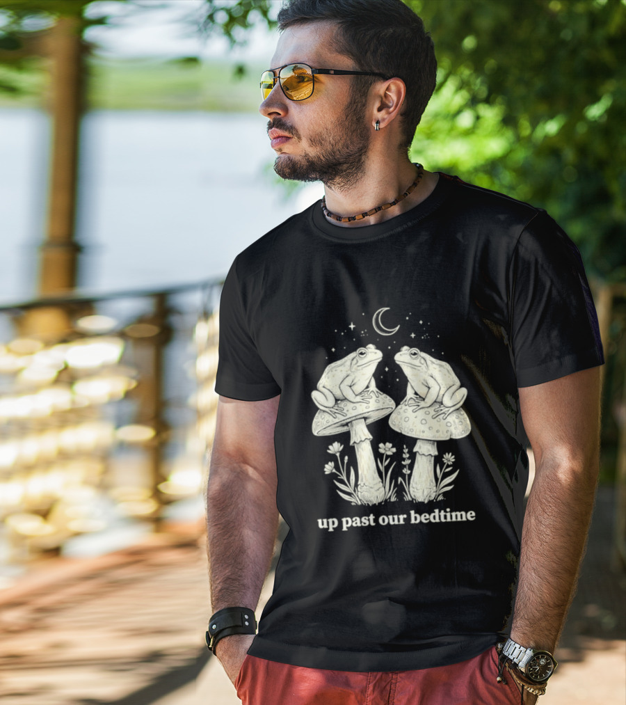 Two Frogs On Mushrooms Up Past Our Bedtime Night Sky Moon Stars T-Shirt