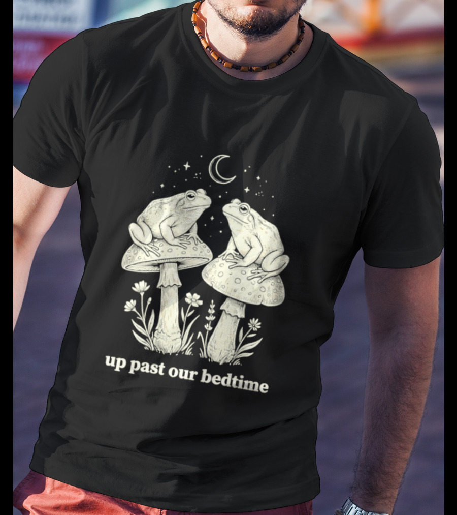 Two Frogs On Mushrooms Up Past Our Bedtime Night Sky Moon Stars T-Shirt