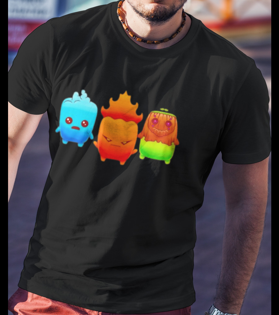 Water Fire And Earth Elemental Creatures Fireboy And Watergirl Cute Characters T-Shirt