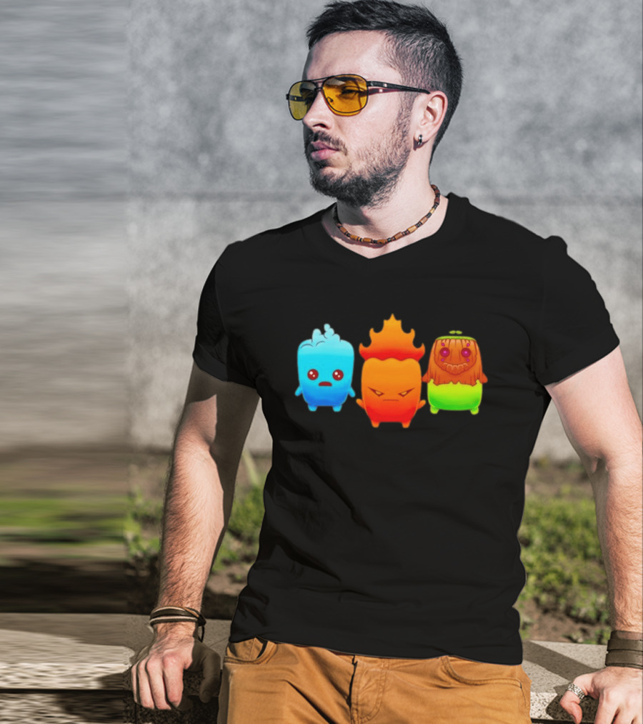Water Fire And Earth Elemental Creatures Fireboy And Watergirl Cute Characters T-Shirt