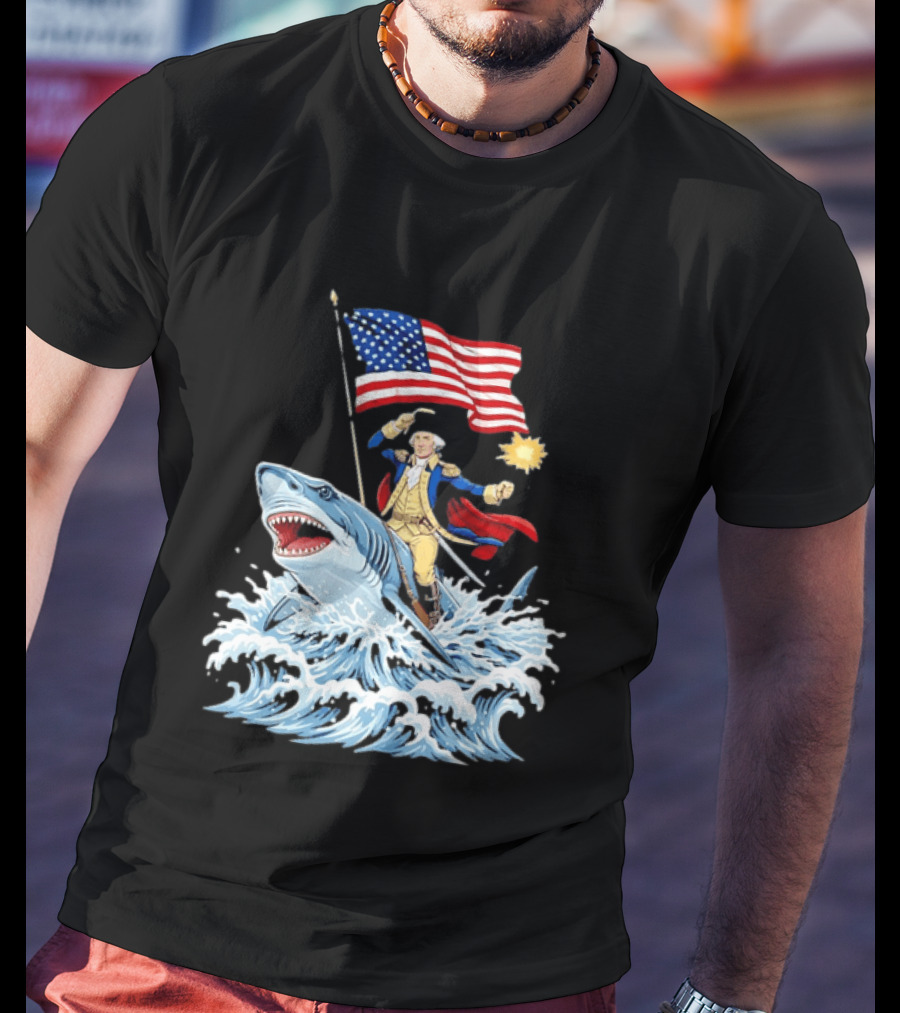 Shark Riding George Washington With American Flag Patriotic 4th Of July T-Shirt