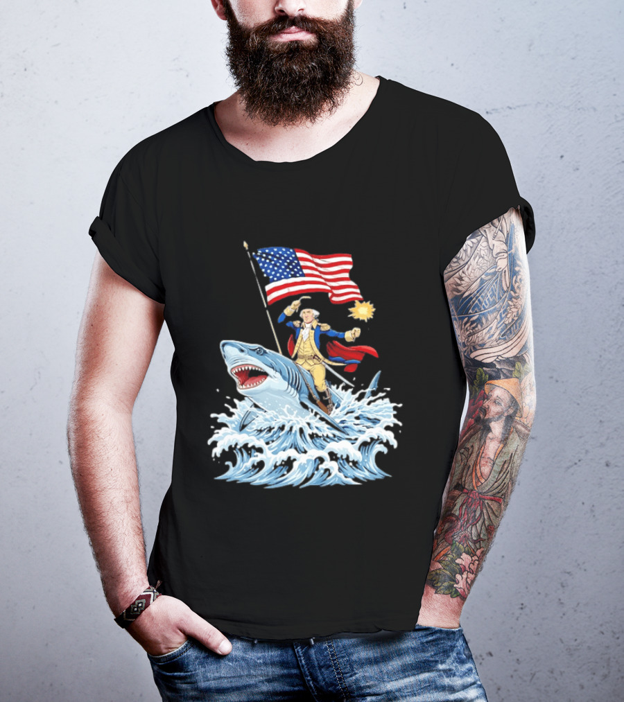 Shark Riding George Washington With American Flag Patriotic 4th Of July T-Shirt