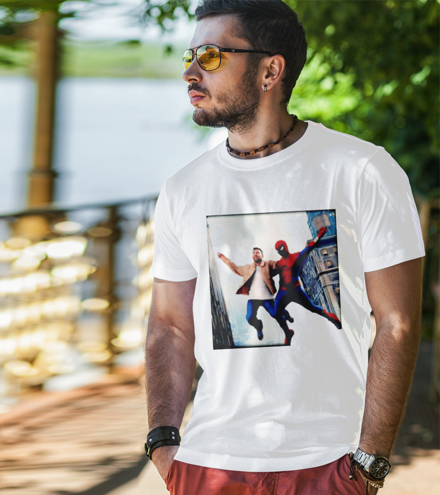Lionel Messi And Spider Man Jump In City Marvel Cinematic Universe T-Shirt