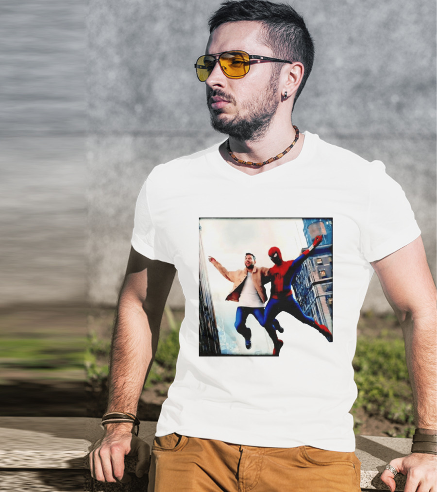 Lionel Messi And Spider Man Jump In City Marvel Cinematic Universe T-Shirt