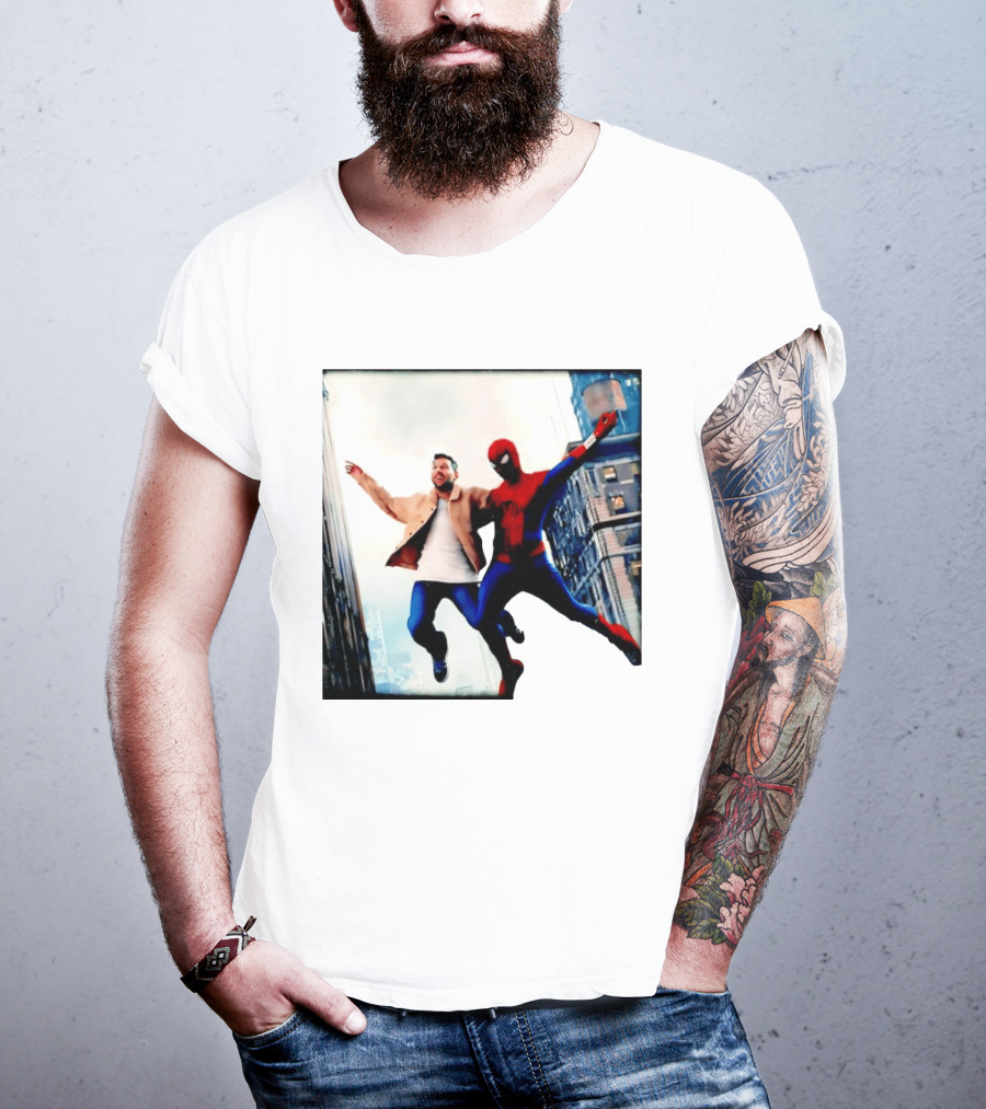 Lionel Messi And Spider Man Jump In City Marvel Cinematic Universe T-Shirt
