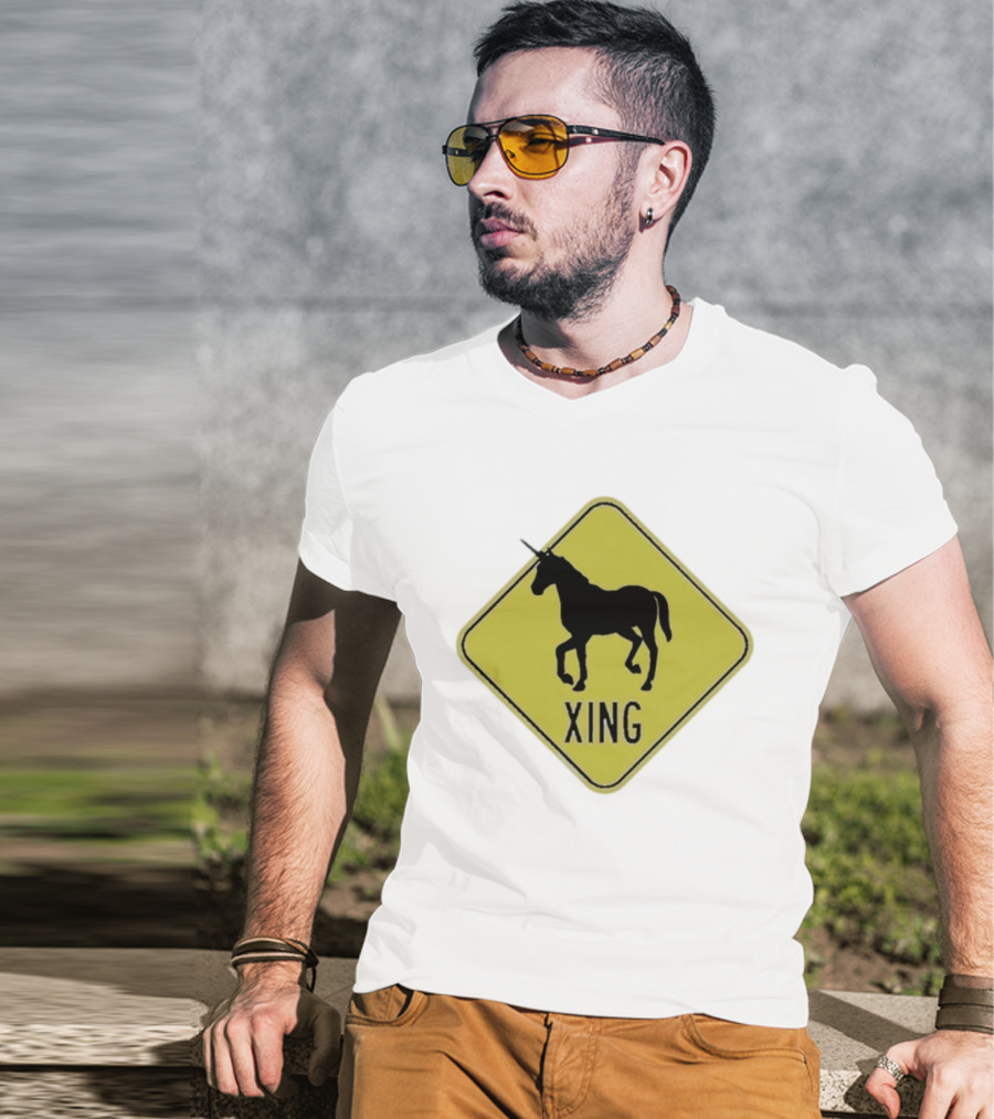 Unicorn Xing Mythical Creature Crosswalk Sign T-Shirt
