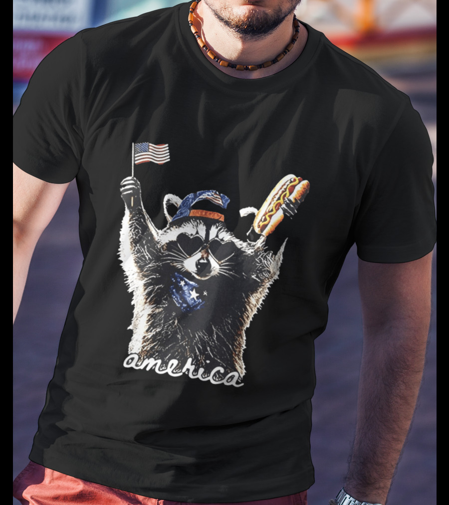 Raccoon Holding Hot Dog And Flag America 4th Of July Celebration T-Shirt