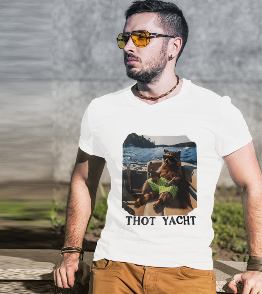 Raccoon Relaxing Thot Yacht Boat Adventure T-Shirt