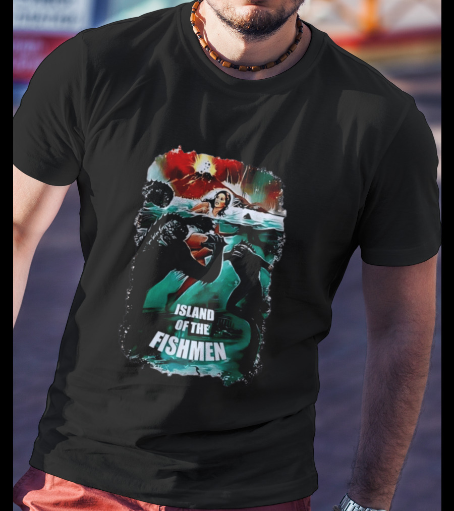 Island Of The Fishmen Vintage Movie Scene With Sea Monsters And Volcano T-Shirt