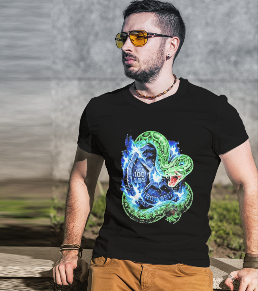 100 Lbs Iron Grip Snake With Lightning And Dumbbell T-Shirt