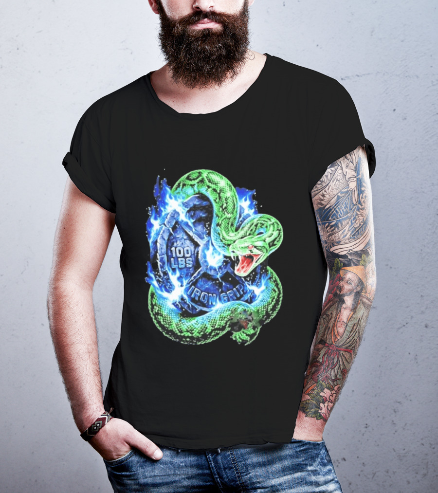 100 Lbs Iron Grip Snake With Lightning And Dumbbell T-Shirt