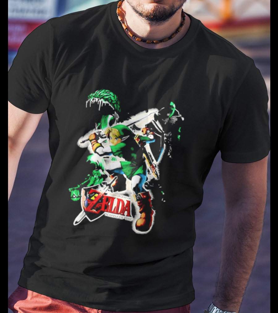 Legend Of Zelda Ocarina Of Time Link Fighting Enemies T-Shirt