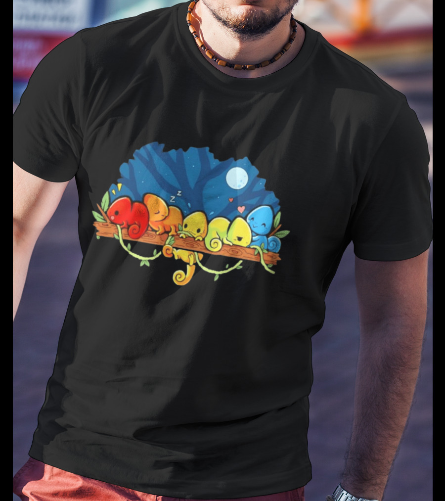 Colorful Chameleons Sitting On A Tree Branch Under Night Sky With Moon And Hearts T-Shirt