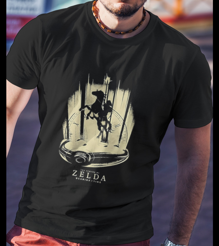 Link Riding Epona Castle Background Zelda Ocarina Of Time T-Shirt