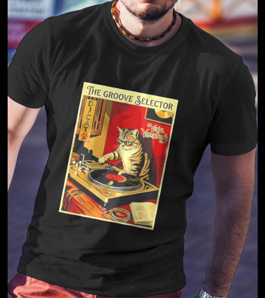The Groove Selector DJ Cat Vinyl Vibrations Turntable Music Lover T-Shirt