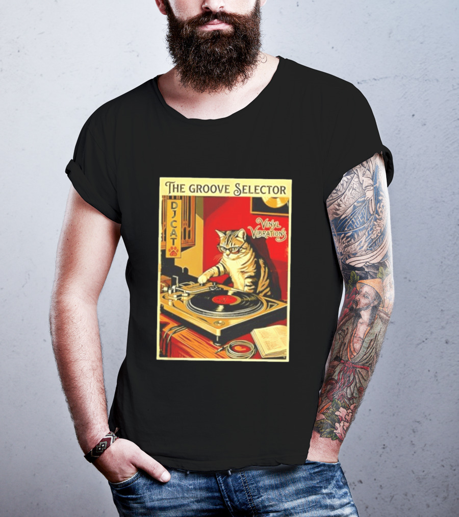 The Groove Selector DJ Cat Vinyl Vibrations Turntable Music Lover T-Shirt