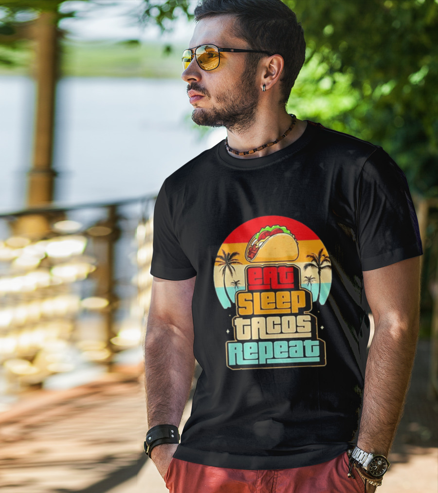 Eat Sleep Tacos Repeat Gaming Retro Sunset Palm Trees T-Shirt