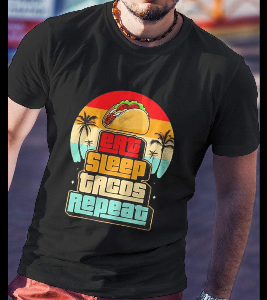 Eat Sleep Tacos Repeat Gaming Retro Sunset Palm Trees T-Shirt
