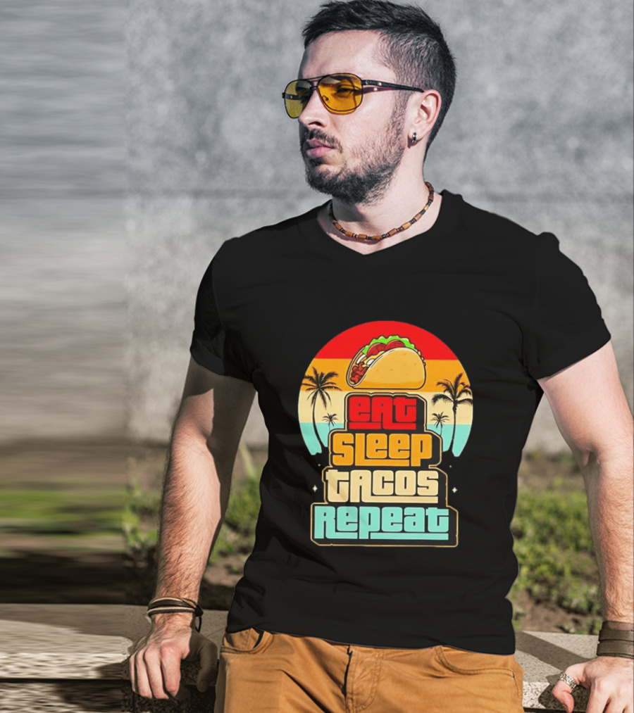 Eat Sleep Tacos Repeat Gaming Retro Sunset Palm Trees T-Shirt