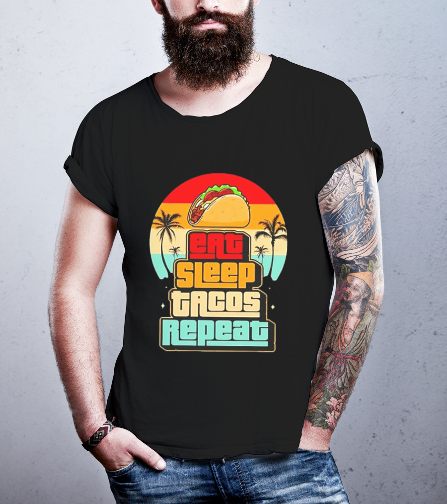 Eat Sleep Tacos Repeat Gaming Retro Sunset Palm Trees T-Shirt