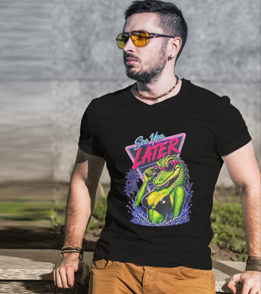 See You Later Crocodile Basking In Bikini With Sunglasses Retro Neon T-Shirt