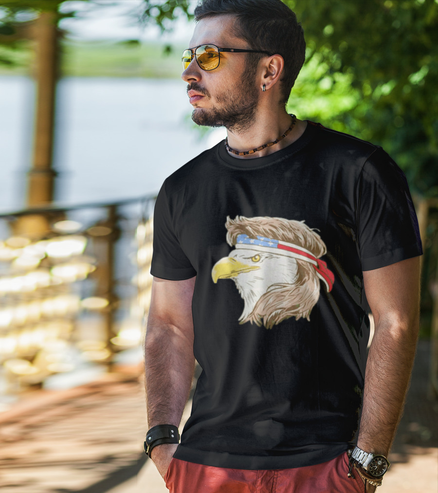 Bald Eagle With American Flag Bandana And Patriotic Hair T-Shirt