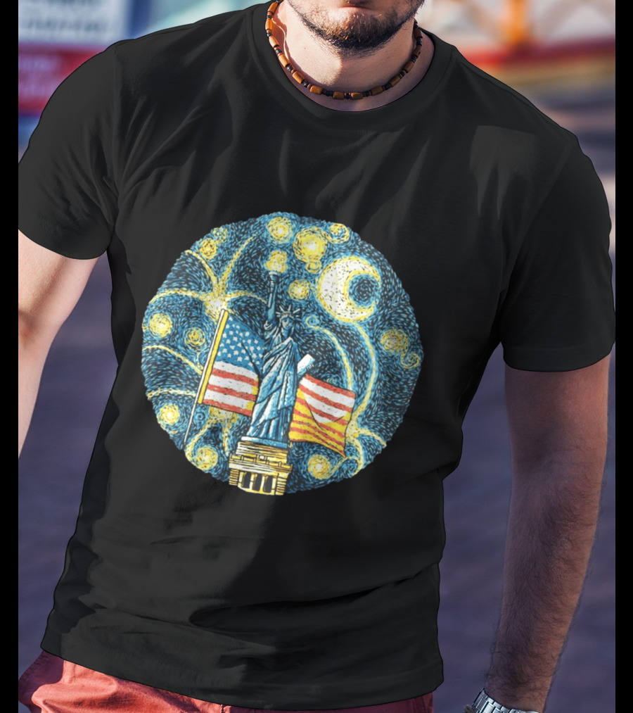 Statue Of Liberty USA Flag Firework Starry Night T-Shirt