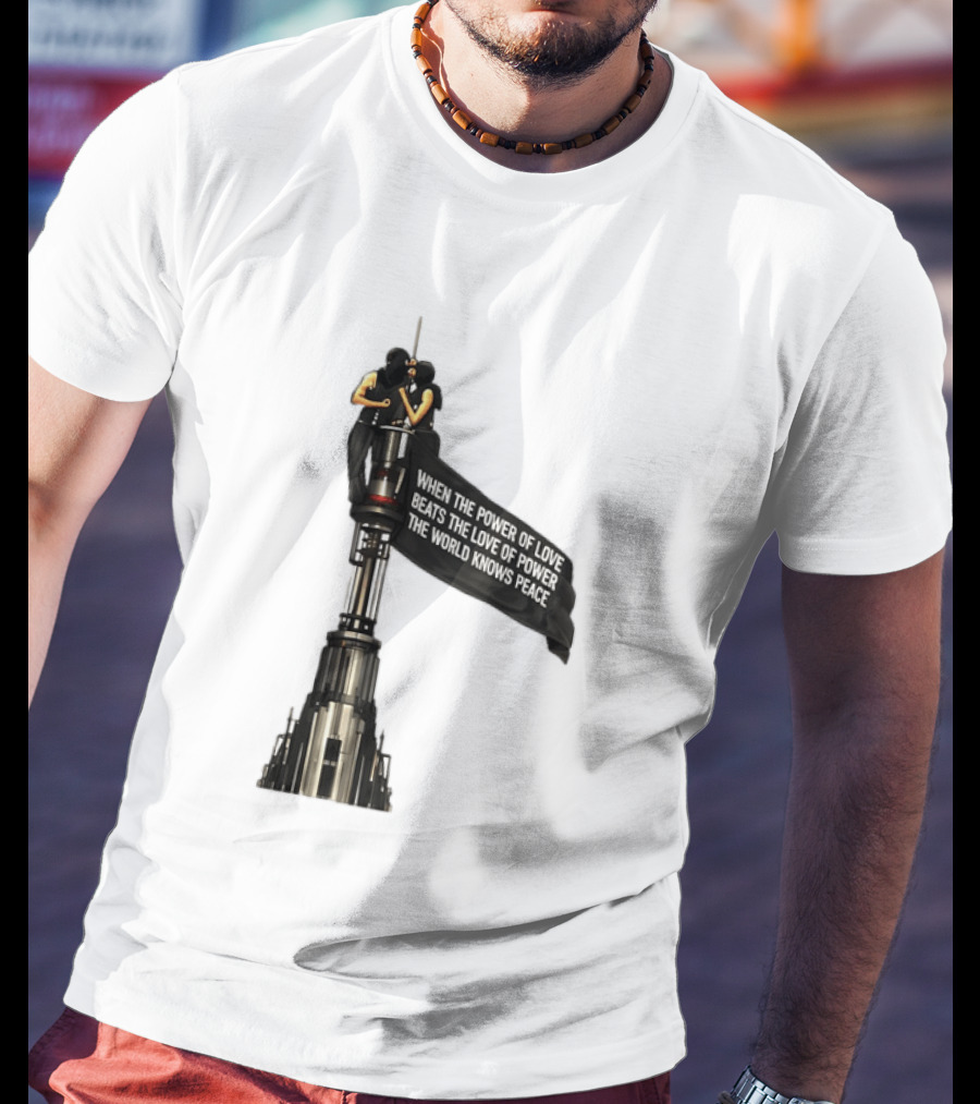Angela Nikolau And Ivan Beerkus Love And Peace Flag On Empire State Building T-Shirt