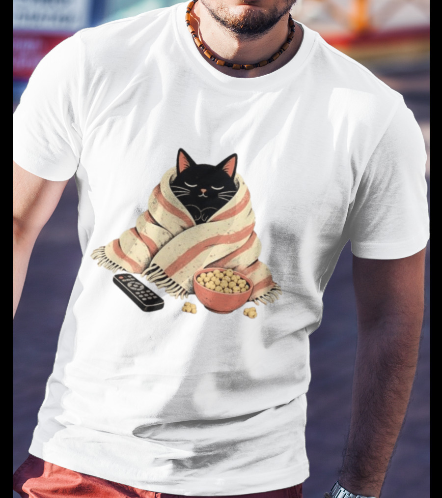 Cozy Black Cat Wrapped In Blanket With Popcorn And Remote T-Shirt