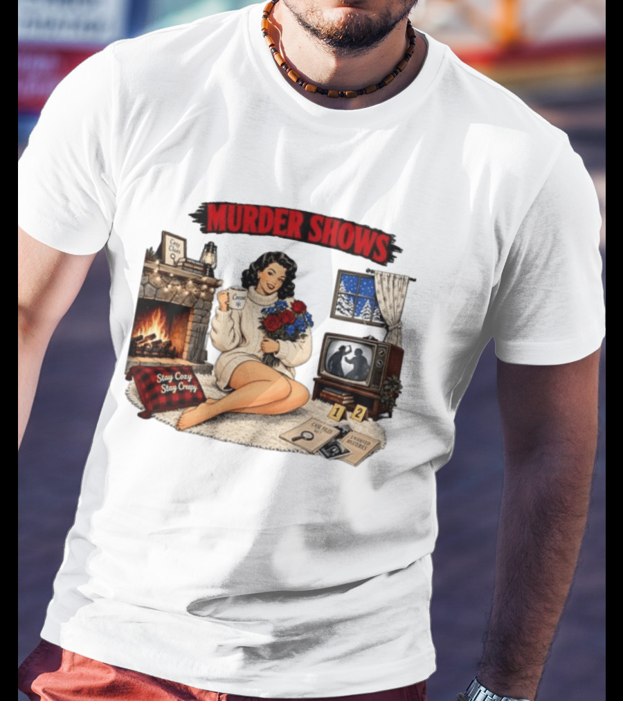 Murder Shows Cozy Creepy Mystery Scene With Fire, Roses, And Vintage TV T-Shirt