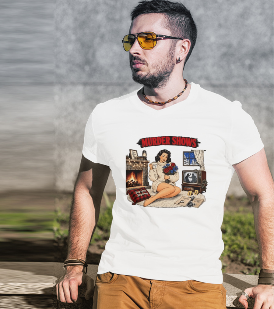 Murder Shows Cozy Creepy Mystery Scene With Fire, Roses, And Vintage TV T-Shirt