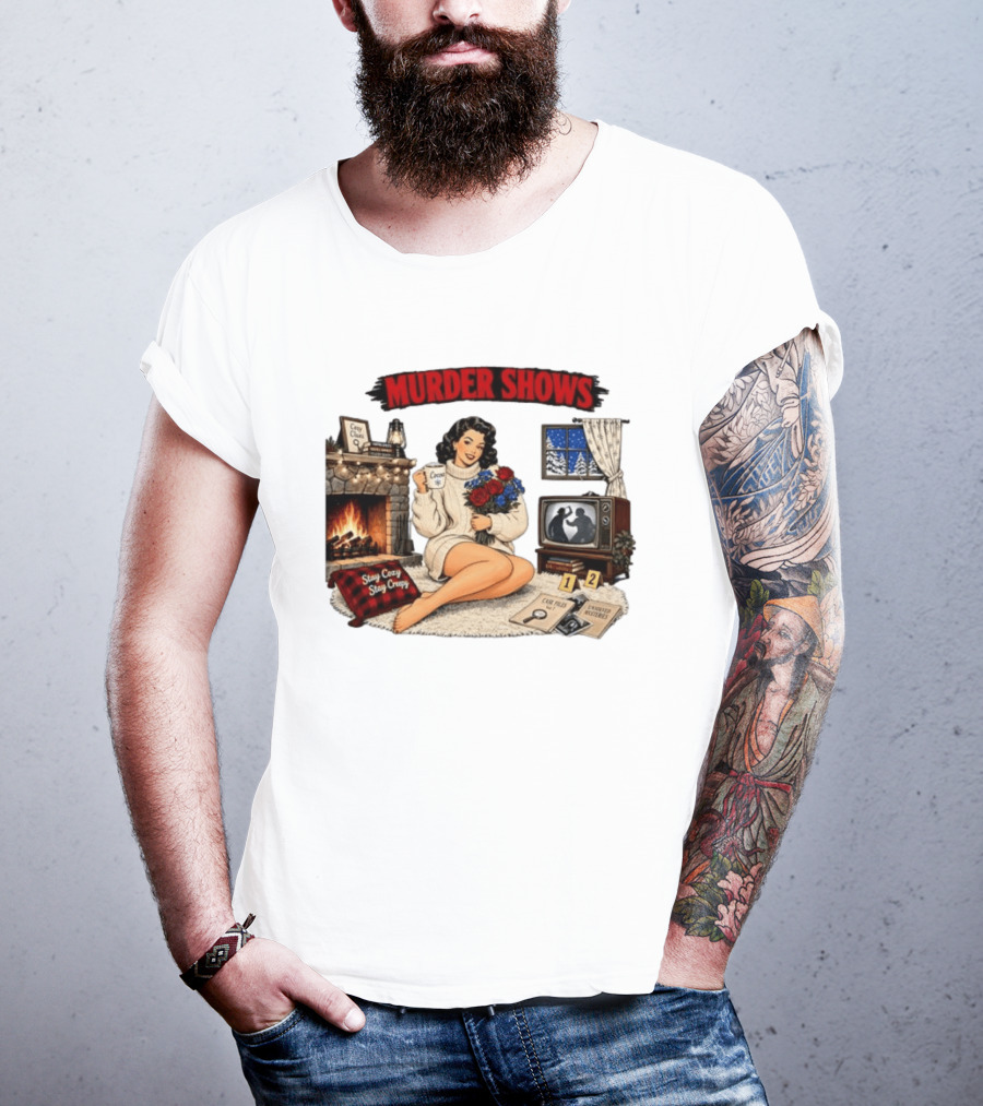 Murder Shows Cozy Creepy Mystery Scene With Fire, Roses, And Vintage TV T-Shirt