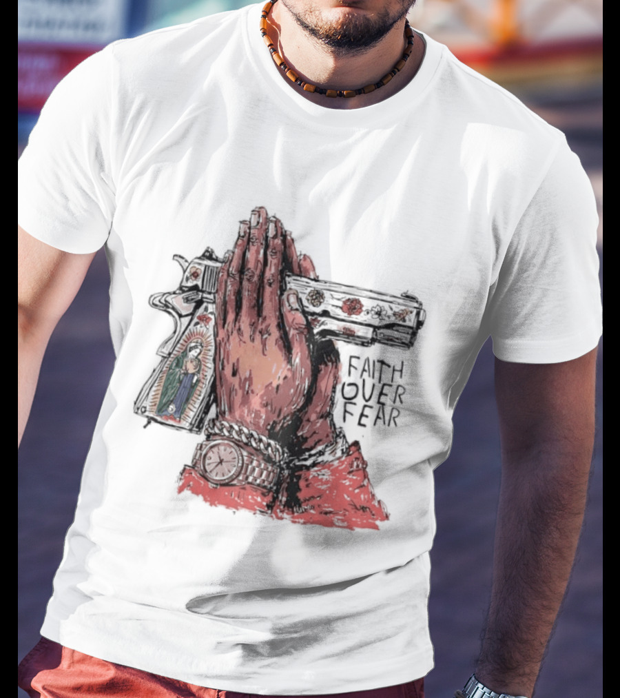 Our Lady Of Guadalupe Praying Hands Gun Faith Over Fear T-Shirt