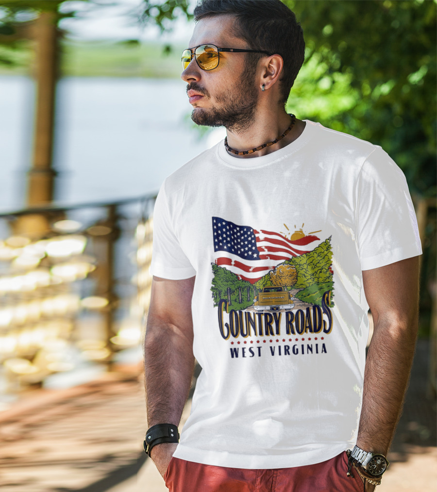 Country Roads West Virginia American USA Flag Vintage Truck Scenic Route T-Shirt